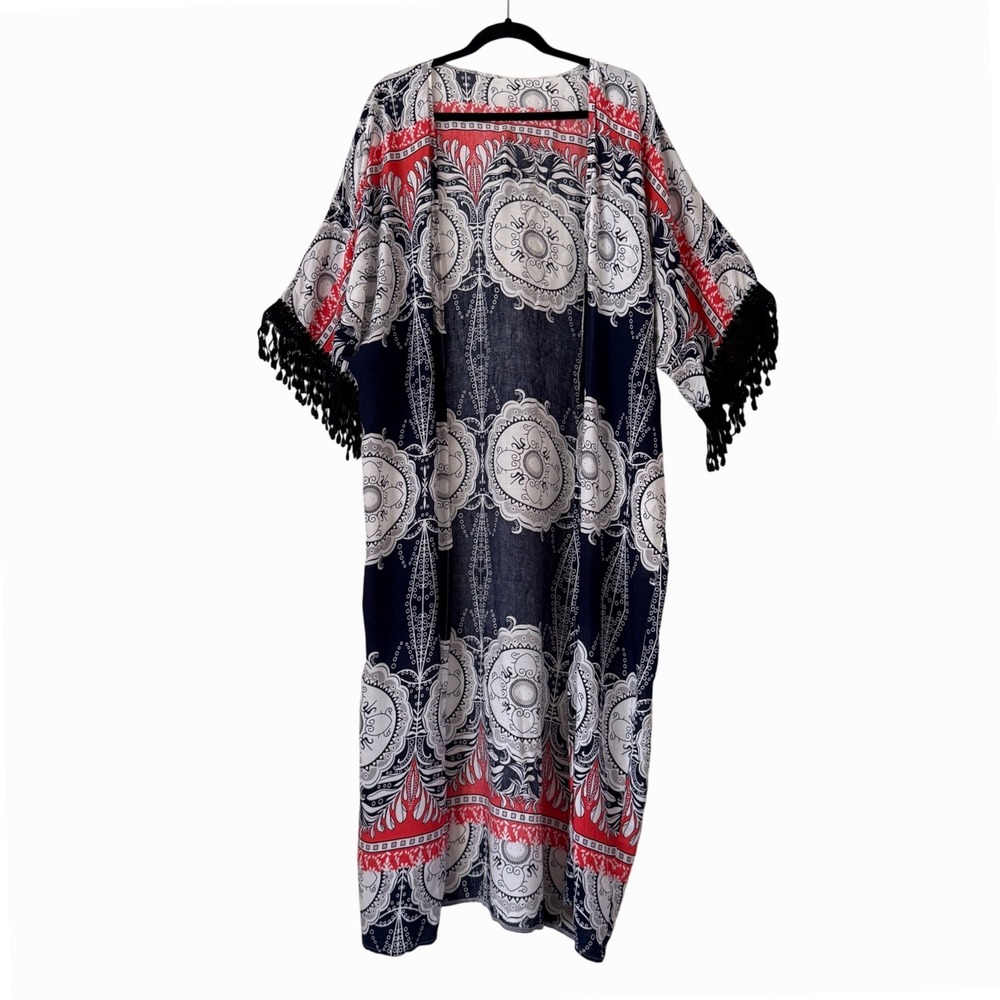 Womens Bohemian Medallion Print Kimono Duster‎ Longline Festival Layering Resort